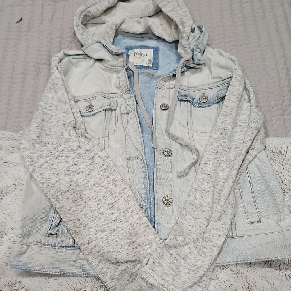 Gray and Light Blue Hooded Denim Jacket